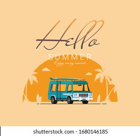 Ilustración vectorial de vacaciones de verano,playa de diseño plano con camioneta y surf