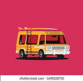 Ilustración vectorial de vacaciones de verano, camión de diseño plano y surf