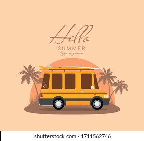 Summer holidays vector illustration,flat design beach with car and surf
