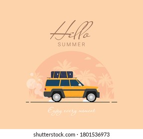 Ilustración vectorial de vacaciones de verano,playa de diseño plano con coche