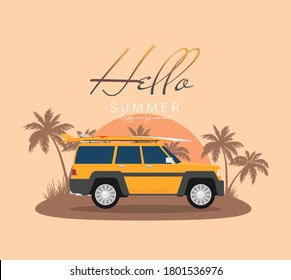 Sommerferien, Vektorgrafik, flacher Designstrand mit Auto und Surfen