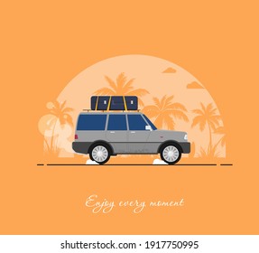 Ilustración vectorial de vacaciones de verano,playa de diseño plano con coche