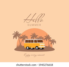 Sommerferien, Vektorgrafik, flacher Designstrand mit Auto und Surfen
