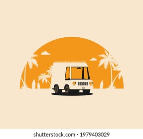 Summer holidays vector illustration,flat design beach with car and surf