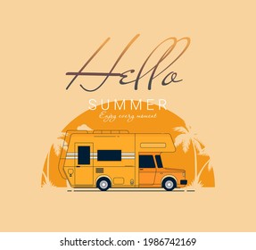 Summer holidays vector illustration,flat design beach with car and surf