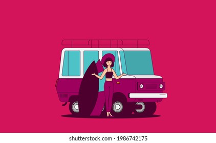 Summer holidays vector illustration,flat design beach with car and surf