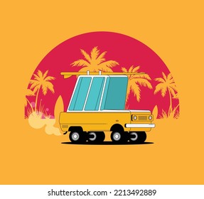 Sommerferien, Vektorgrafik, flacher Designstrand mit Auto