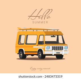 Sommerferien Vektorillustration, flache Design Strand mit Auto und Surfen