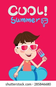 Summer holidays vector illustration,flat design cute kid and sweet ice cream concept
