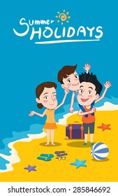 Summer holidays vector illustration,flat design family and beach concept