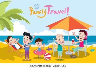 Summer holidays vector illustration,flat design family travel and beach concept