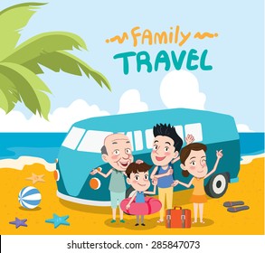 Summer Holidays Vector Illustration,flat Design Family Travel And Mini Bus Concept