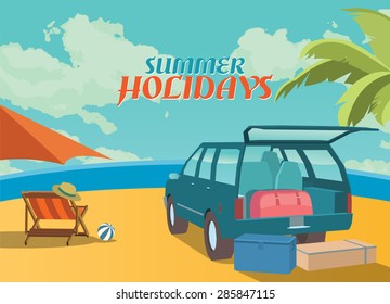 Summer holidays vector illustration,flat design, beach and suv concept