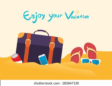 Summer holidays vector illustration,flat design, traveling bag and objects  concept