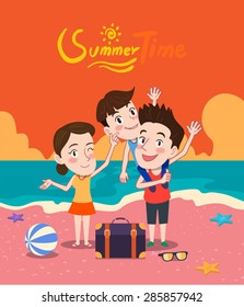 Summer holidays vector illustration,flat design beach and family travel concept