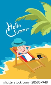 Summer holidays vector illustration,flat design beach and sunbed concept