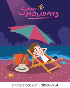 Summer holidays vector illustration,flat design night beach and parasol concept