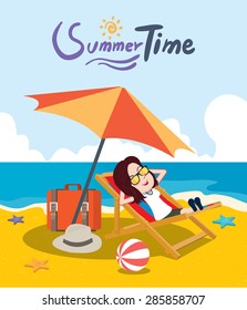 Summer holidays vector illustration,flat design beach and girl concept