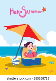 Summer holidays vector illustration,flat design beach and treasure box concept