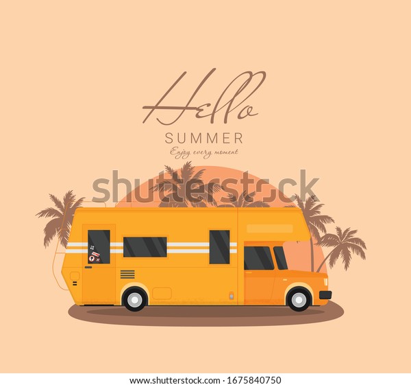Summer holidays vector illustration,flat design\
beach with car and surf
