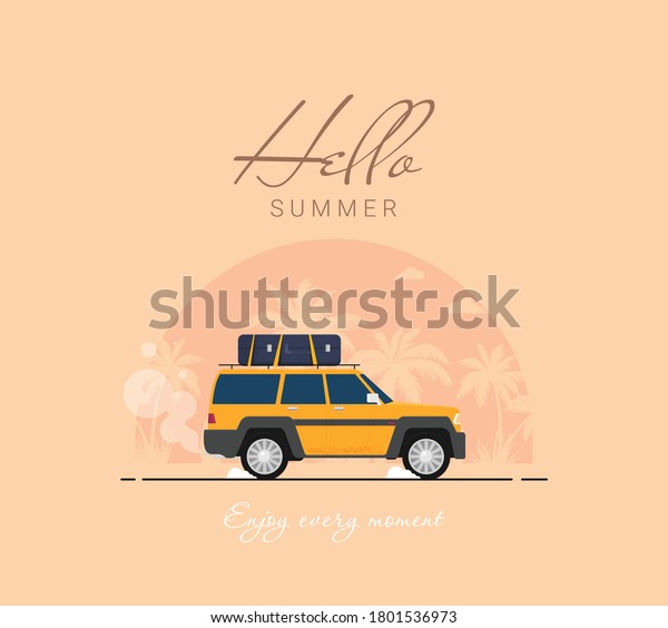Summer holidays vector illustration,flat design beach
with car