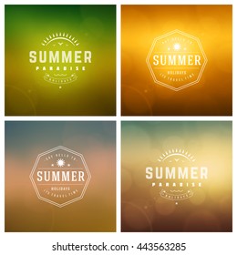 Summer Holidays Vector Retro Typography Set. Messages and Illustrations for Greeting Cards, Party Posters or Flyers Design Vector Backgrounds. Blurred Landscape and Sky with Sun.