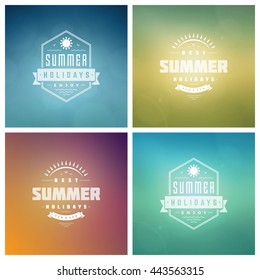 Summer Holidays Vector Retro Typography Set. Messages and Illustrations for Greeting Cards, Party Posters or Flyers Design Vector Backgrounds. Blurred Landscape and Sky with Sun.