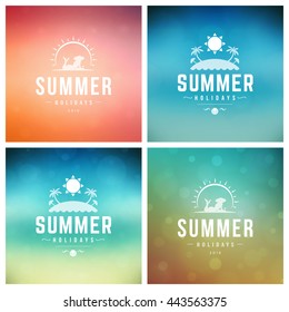 Summer Holidays Vector Retro Typography Set. Messages and Illustrations for Greeting Cards, Party Posters or Flyers Design Vector Backgrounds. Blurred Landscape and Sky with Sun.