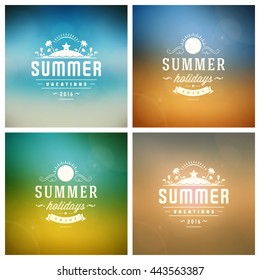 Summer Holidays Vector Retro Typography Set. Messages and Illustrations for Greeting Cards, Party Posters or Flyers Design Vector Backgrounds. Blurred Landscape and Sky with Sun.