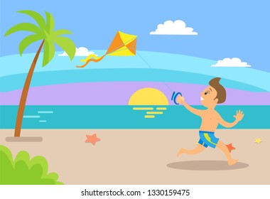 Summer holidays vector, summertime vacations kid. Boy running along beach coastline with sea water, sunset and relaxation by seaside, exotic tourism