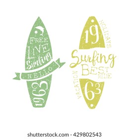Summer Holidays Vintage Emblem With Surfboard Creative Vector Design Stamp With Text Elements On White Background
