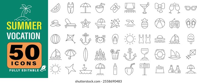 Summer holidays and Vocation. Travel and tourism. Vacation at the hotel, on the sea and on the beach. Outline icon collection.