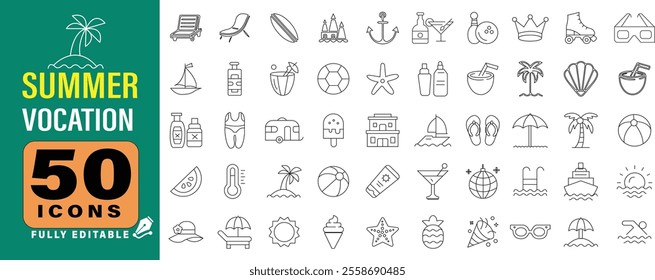 Summer holidays and Vocation. Travel and tourism. Vacation at the hotel, on the sea and on the beach. Outline icon collection.