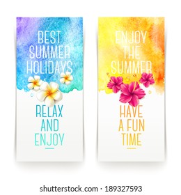 Summer Holidays Watercolor Banners With Tropical Flowers And Summer Greetings - Vector Illustration