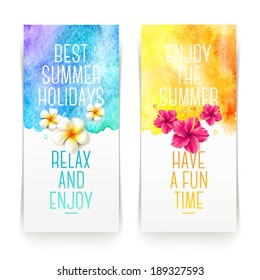 Summer holidays watercolor banners with tropical flowers and summer greetings - vector illustration