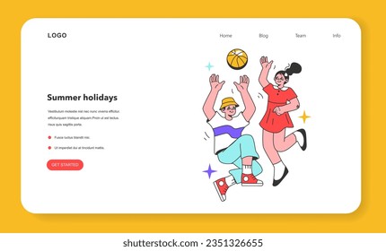 Summer holidays web banner or landing page. Active outside leisure for children health. Boy and girl enjoying being outside, playing with a ball in the city park. Flat vector illustration