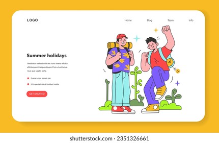 Summer holidays web banner or landing page. Two boys, brothers or friends with hiking backpacks. Active outside leisure. Kids having fun outdoors, camping together. Flat vector illustration