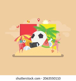 Summer holidays and weekends! Set of vector illustrations, traveling on a beach, Flat vector