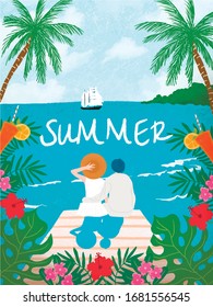 Summer holidays and weekends. Vector illustration. A young couple of people on vacation at a resort. Sea, grief, sky, beach, palm trees, tropical leaves, cocktails.