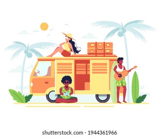 Summer holidays and weekends, vector illustrations of vacation on Passenger van, mother, father and child on vacation at the resort, Sightseeing, playing guitar, taking photos