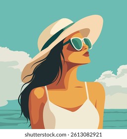 Summer holidays. Woman girl on vacation in white beach tunic dress, glasses and hat looking up, against the background of beach and azure coast. Travel. Vector illustration for tourism projects