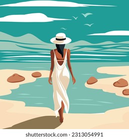 Summer holidays. A woman on vacation in a white tunic beach dress in a swimsuit, a hat walks along the beach. Back view woman. Sea, sky, seagulls, sand shore, girl. Vector illustratio