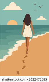Summer holidays. Woman on vacation in white beach dress walking on the beach leaving footprints on the sand. Back view. Sea, sky, seagulls, sandy shore. Vector illustration for tourism projects