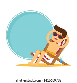 In summer holiday,Summer back ground .Greeting Card with Man sitting in beach chair and taking sunbath on the beach