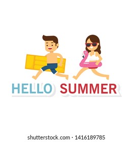 In summer holiday,Summer back ground .Greeting Card with Young man jumping high with girl friend