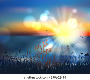 Summer holidays-vector background with the sunset, sea, sun and the blurred effect. Can be used for postcards, banners, web pages, design element or template illustrations on the theme of travel.