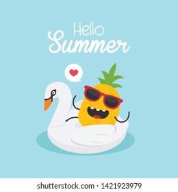 In summer holiday,Vector illustration, inflatable swan with a pineapple in a swimming pool