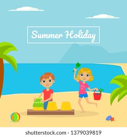 Summer Holliday Banner Template with Cute Boy and Girl Playing on Tropical Beach Vector Illustration