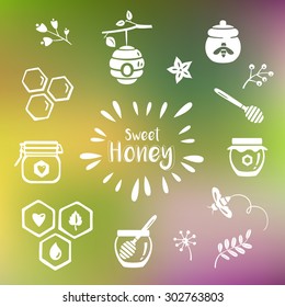 Summer honey icons, organic honey badges with honey pots and jars