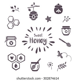 Summer honey icons, organic honey badges with honey pots and jars